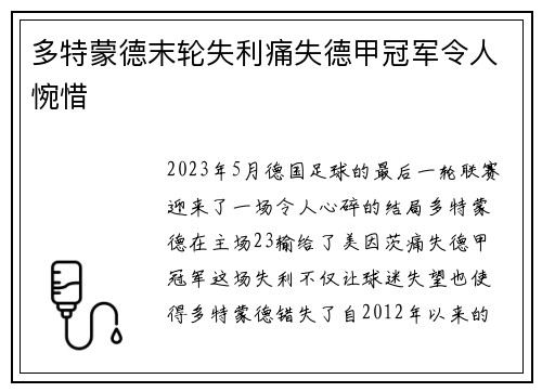 多特蒙德末轮失利痛失德甲冠军令人惋惜 多特蒙德末轮失利痛失德甲冠军令人惋惜